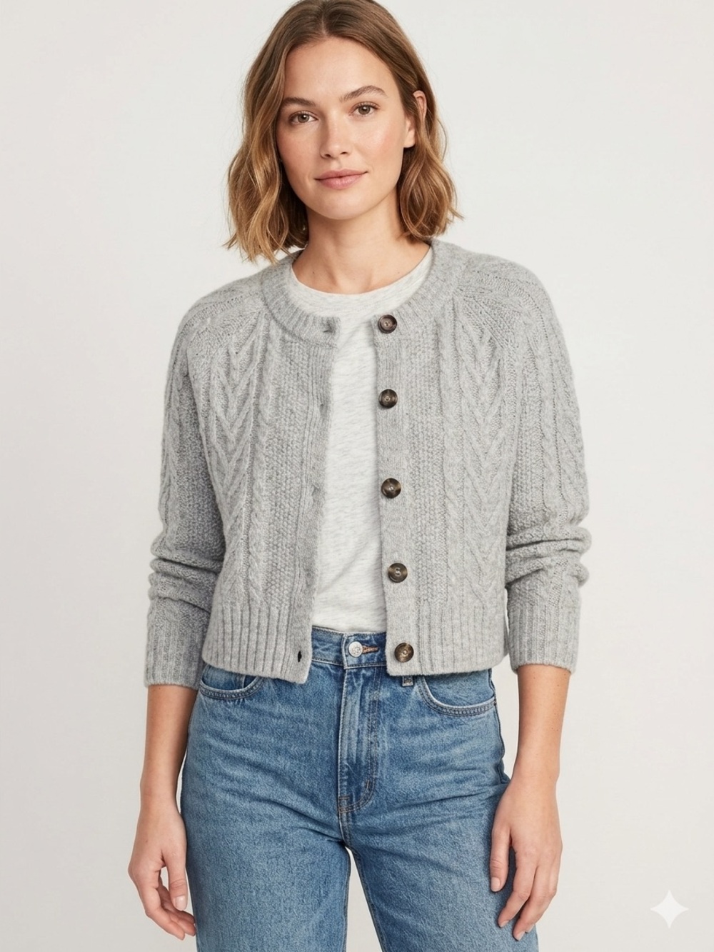 Old Navy Light Gray Cable-Knit Cropped Cardigan